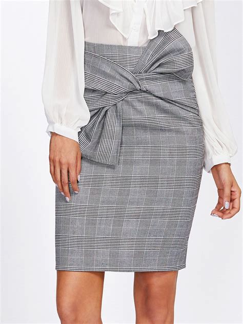 Shop Tie Waist Plaid Pencil Skirt Online Shein Offers Tie Waist Plaid