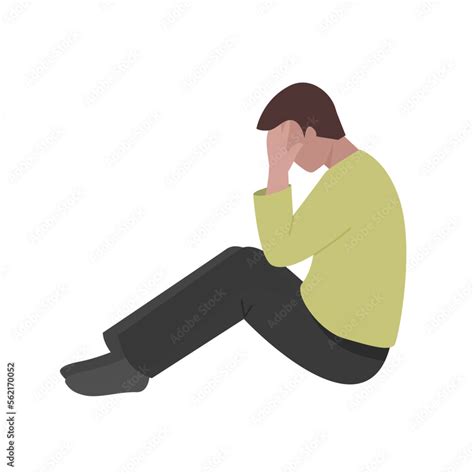Sad Man Is Sitting On The Floor Side View Vector Color Isolated