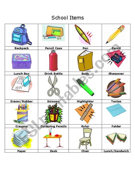 Vocabulary School Items Esl Worksheet By Kjoh3709