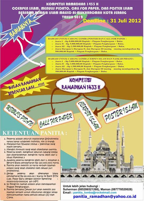 Terbaru contoh pamflet ciri jenis manfaat dan cara. Kompetisi Ramadhan 1433H, Lomba Cerpen, Lomba Poster, Call ...