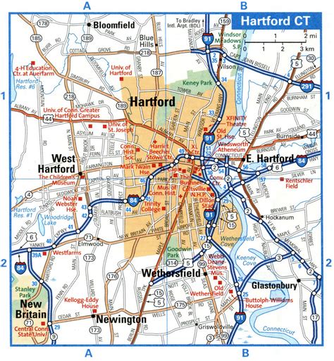 Hartford City Interstate Highway Map Road Free Toll I84 I91 I291 Us