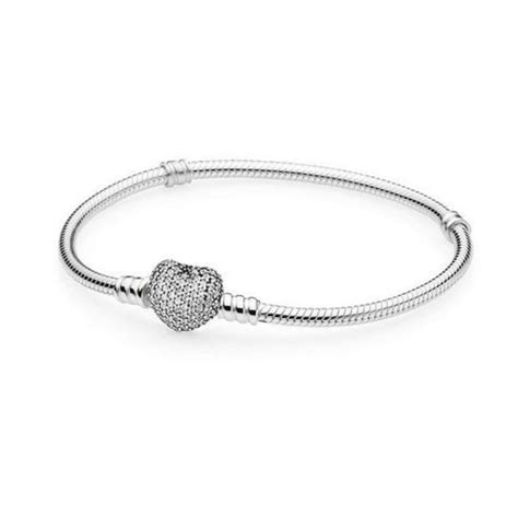 Pandora Sterling Silver 21cm Pavé Heart Charm Bangle Bracelet 590727cz 21