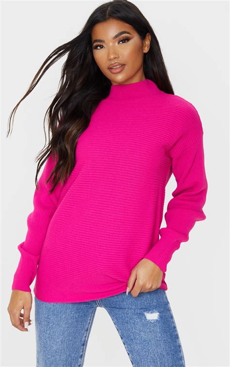Hot Pink Full Sleeve Ribbed High Neck Jumper Prettylittlething Il