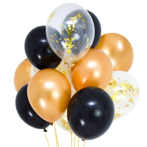 12 Black Gold Confetti Helium Balloon Bouquet Cluster