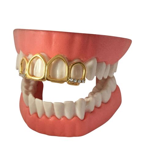 14k Gp Upper Front 4 Teeth Grillz Grill Tooth Cap W Cz Stones Teeth