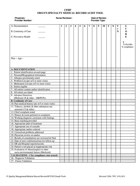 Printable Medical Chart Audit Template