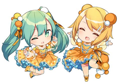 2girls Blonde Hair Chibi Dress Fang Green Eyes Green Hair Hatsune Miku Kagamine Rin Kiya Machi