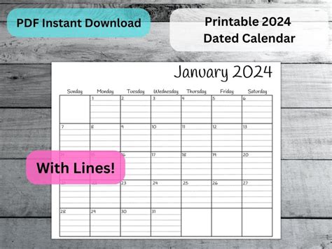 Dated And Lined 2024 Calendar Printable Monthly Calendar For The Full