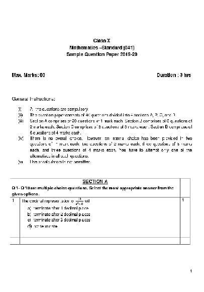 Cal high position paper format & sample basic format: PDF CBSE Sample Question Paper Class 10 Standard Maths ...