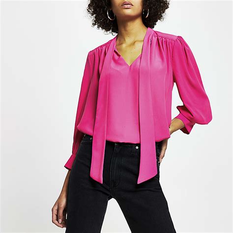 Pink Long Sleeve Tie Neck Blouse Top River Island