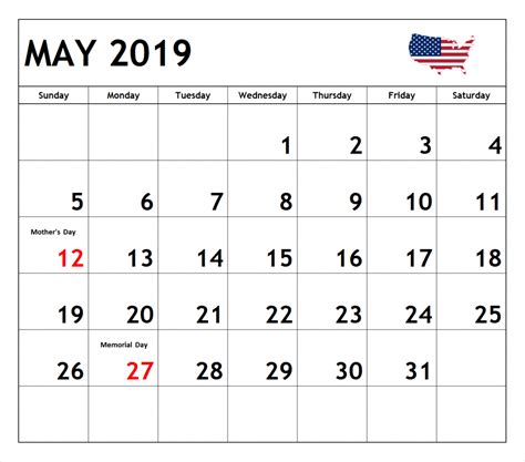 May 2019 Calendar Usa Printable Editable Template With Holidays Pdf