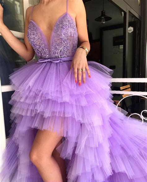 High Low Prom Dresses 2020 Sexy Spaghetti Strap Tiered Tulle Purple Fo Tanya Bridal