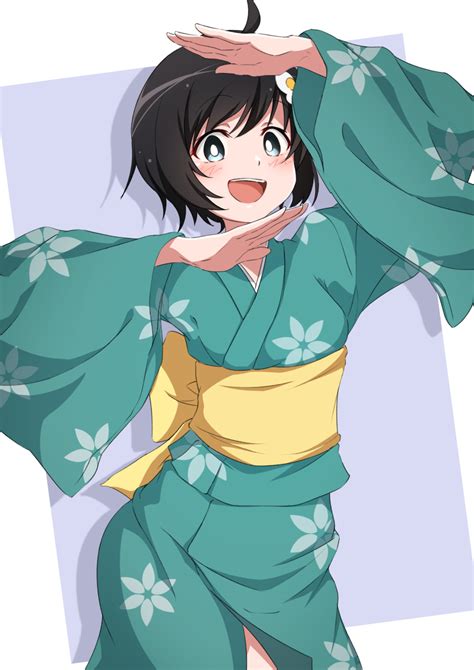Safebooru 1girl D Absurdres Ahoge Aqua Kimono Araragi Tsukihi Arm Up Bangs Black Eyes Black