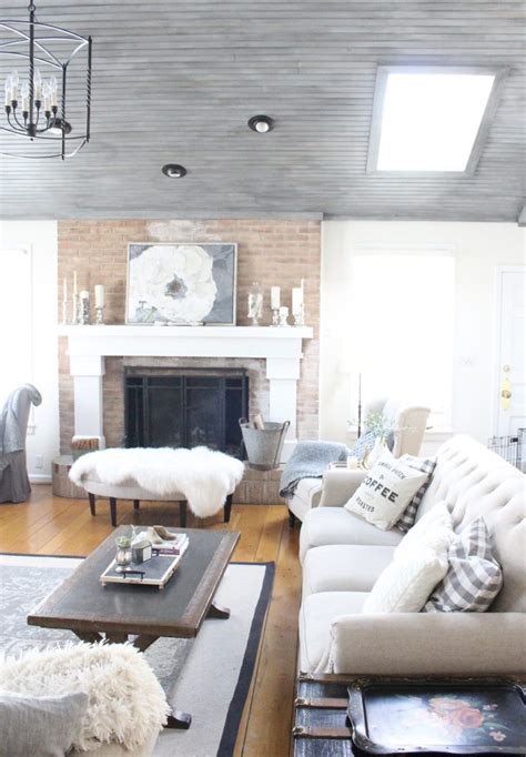 Gray And White Cottage Living Room Dressed For Winter