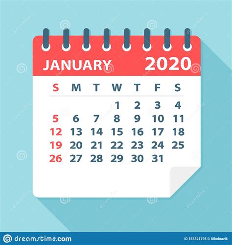 Hoja Del Calendario De Enero De 2020 Ilustración De Vectores Stock De