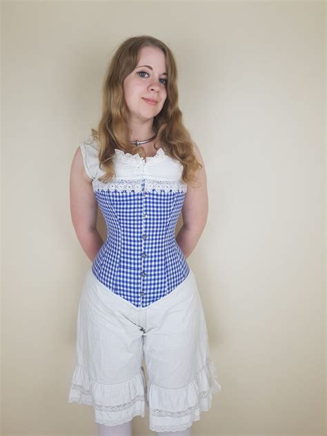 Custom Made Gingham Blue Overbust Corset With White Lace Trim Dotty