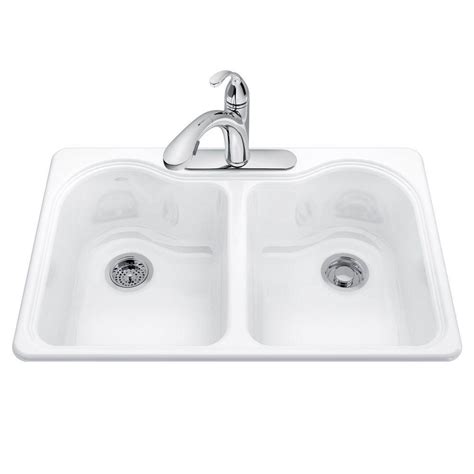 The unique scalloped design of this hartland sink adds a distinctive accent to a wide variety of kitchen styles from traditional to contemporary. KOHLER Hartland Drop-in Cast-Iron 33 in. 3-Hole Double ...