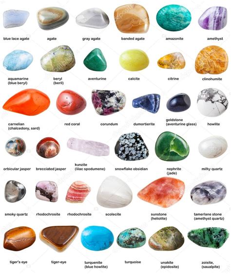 Various Tumbled Gemstones With Names Isolated Stock Photo By ©vvoennyy