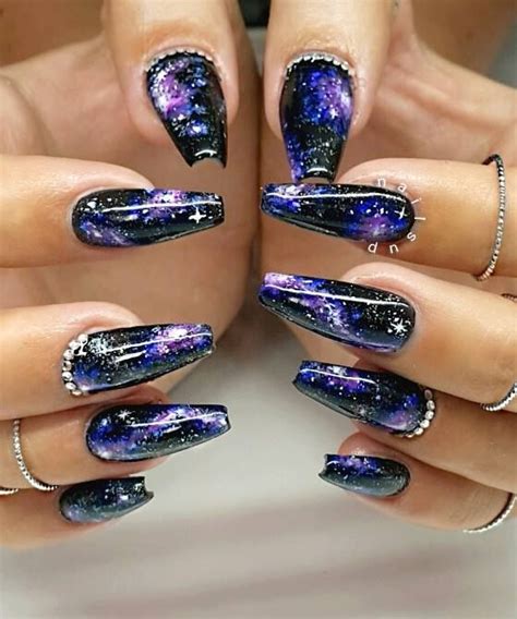 Galaxy Coffin Nails Goth Nails Witchy Nails Galaxy Nail Art