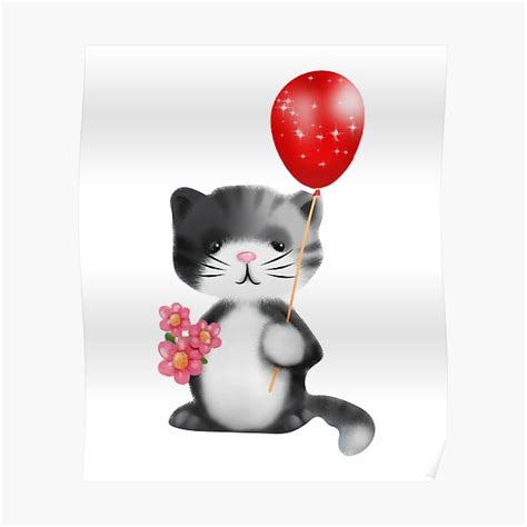 Cute Kitty Cat Holding A Red Balloon And Pink Flowers Bouquet Poster By Maria Dreaming Redbubble