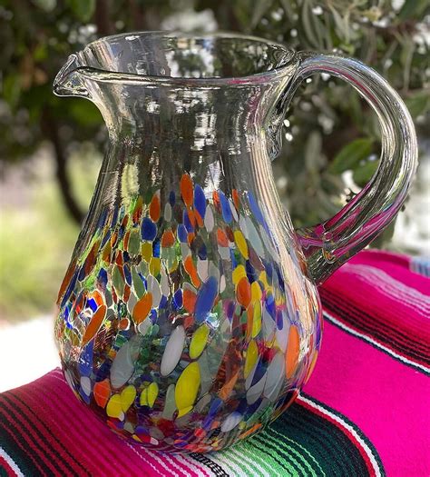 Mexican Hand Blown Glass Pitcher Confetti Carmen Design 84 Etsy