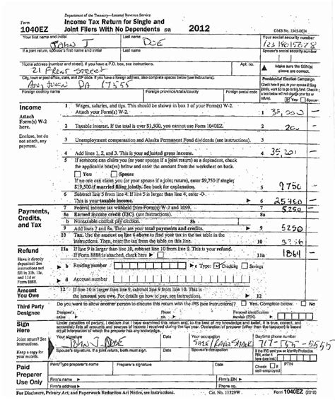 Irs 1040 Form Example 1040 Ez Nr Form Example 1040 Form Printable