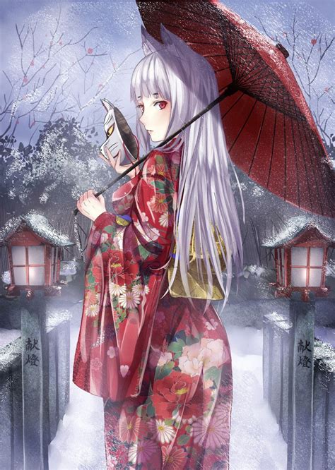 Anime Art Kimono Obi Silver Hair Kitsune Fox Ears