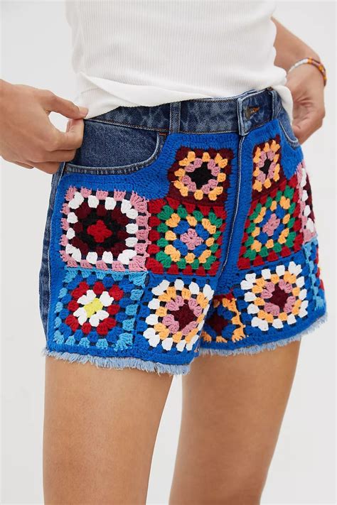 Farm Rio Ultra High Rise Crochet Denim Shorts Crochet Crochet Ladies