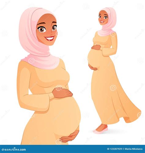 Beautiful Muslim Pregnant Woman In Hijab Isolated Vector Illustration