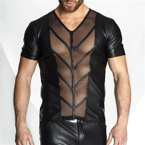 New Style Men Faux Leather Sheer Mesh Tops T Shirt Sexy Revealing