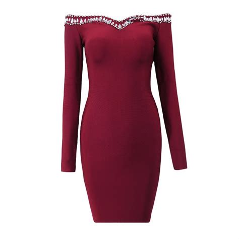 wholesale women sexy beading long sleeve black wine red thick rayon bandage dress 2018 ladies