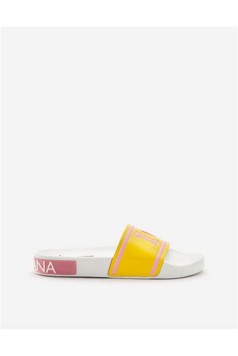 Dolce And Gabbana Printed Calfskin And Rubber Sliders Yellow Editorialist