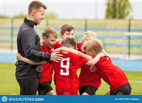 Coaching Youth Sports Kids Soccer Football Team Huddle With Coach