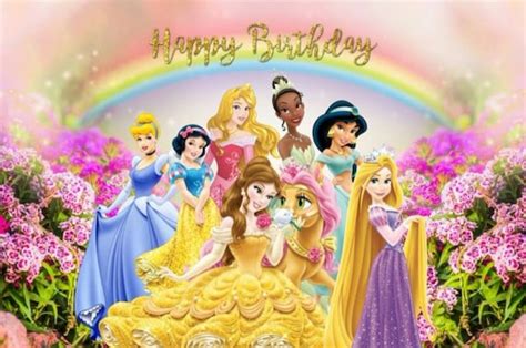 Cartoon Princess Happy Birthday Background Colorful Rainbow Etsy