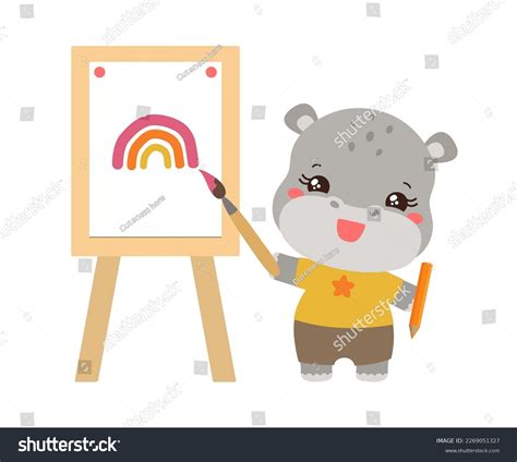 Kawaii Hippopotamus Hippo Artist Drawing Paint Stock Vector Royalty