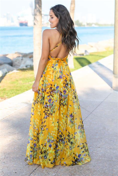 Yellow Floral Maxi Dress With Criss Cross Back Maxi Dresses Saved