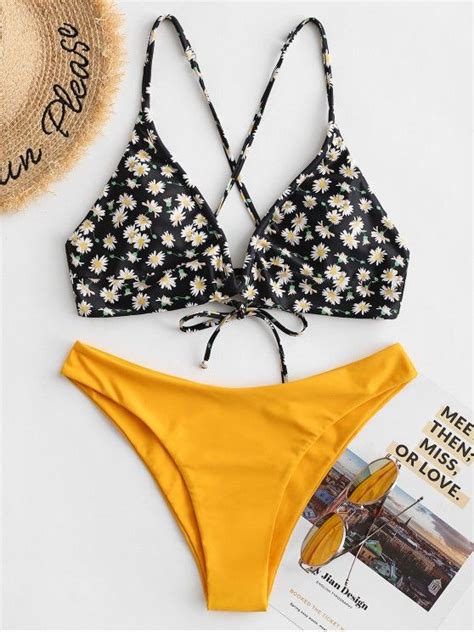 Off Zaful Ditsy Floral Cross Lace Up V Wire Bikini Swimsuit