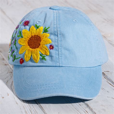 Woman Ball Cap With Hand Embroidered Sunflowers Wildflowers Etsy In 2021 Hand Embroidered