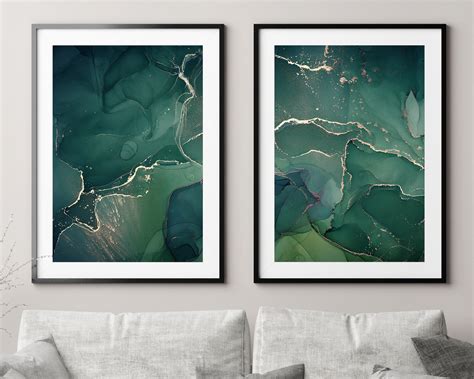 Green And Gold Set Of 2 Abstract Art Prints Green White And Etsy Uk