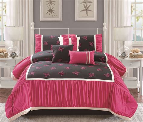 7 Piece Embroidered Leaf Block Pink Black Comforter Set Black Bed Set Black Bedding Pink And
