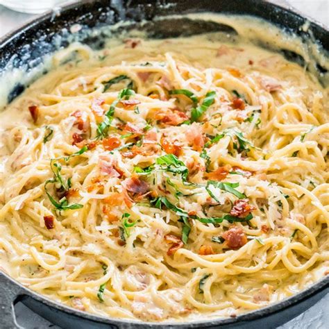 this creamy carbonara is a plate of heavenly creamy pasta silky spaghetti with crispy pancetta