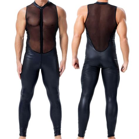 Sexy Men S Black Leather Catsuit Bodysuit Jumpsuit Pvc Clubwear Costume