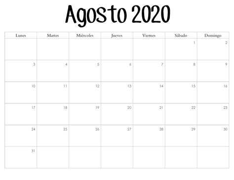 Feriado Calendário Agosto 2020 Imprimir Plantilla De