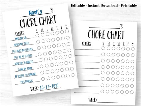 Printable Weekly Chore Chart For Kids Editable Daily Etsy