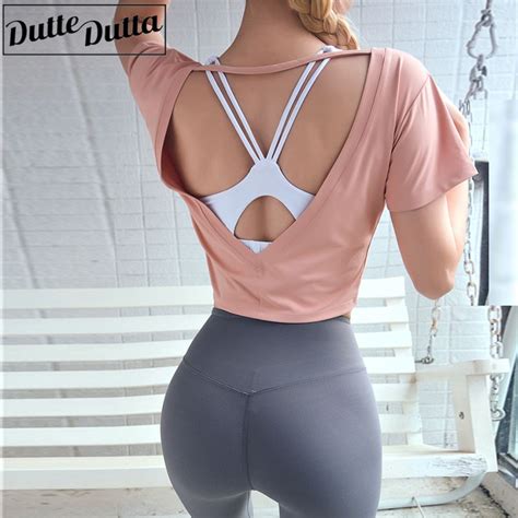 Backless Yoga Top Women Strappy Short Sleeve Crop Tops Workout Tops For