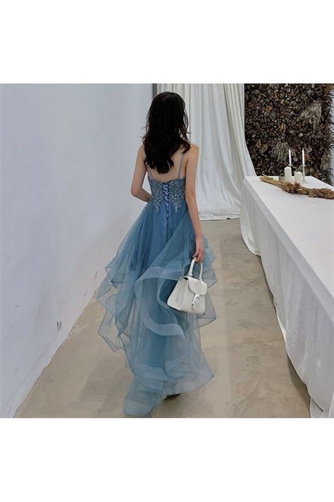 High Low Blue Tulle Ruffled Beaded Short Prom Dress With Straps 89