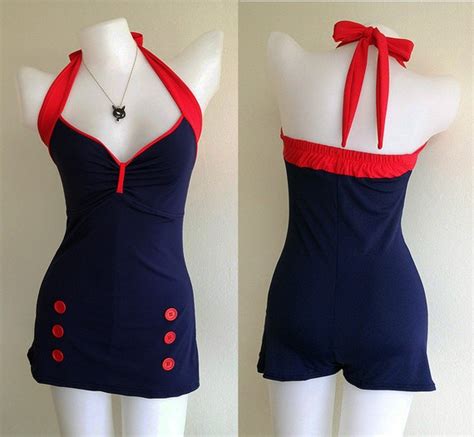 Vtg Bettie Swimsuit In Nevy Blue Nautrical By Beautychicshop