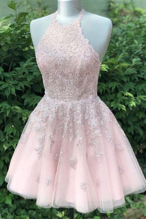 Beautiful Halter Backless Pink Lace Tulle A Line Short Homecoming Dressescorset Back Cocktail
