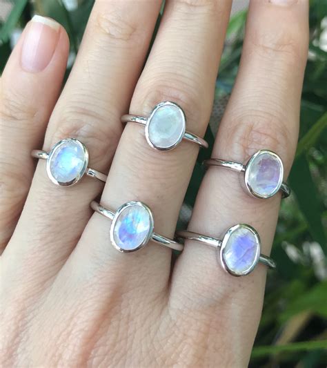 Moonstone Oval Stack Ring Facet Rainbow Blue Moonstone Ring Simple