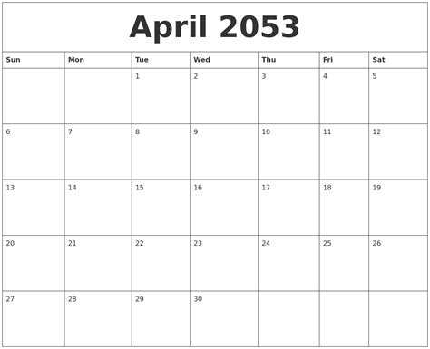April 2053 Free Monthly Calendar Template